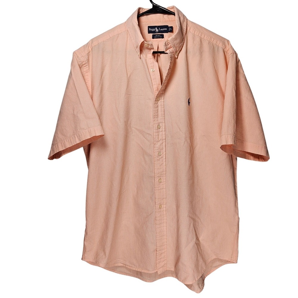 Ralph Lauren Blake Mens Large Orange Seersucker Striped‎ Short Sleeve Shirt L
